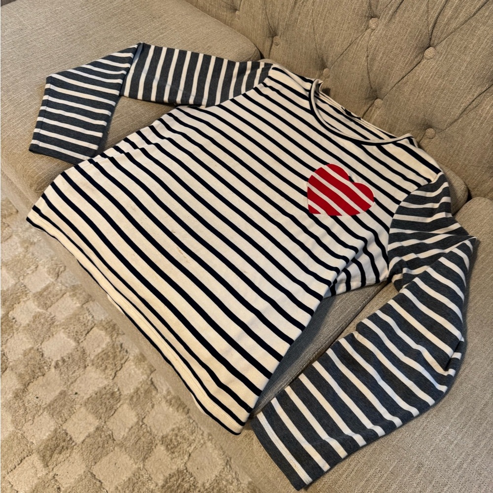 J. Crew Navy, grey and White Long Sleeve Striped Tee with red heart. ❤️